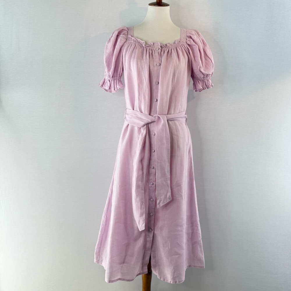 IVY CITY | Mindy 100% Linen Cotton Lined Puff Sleeve Tie Waist Midi Dress